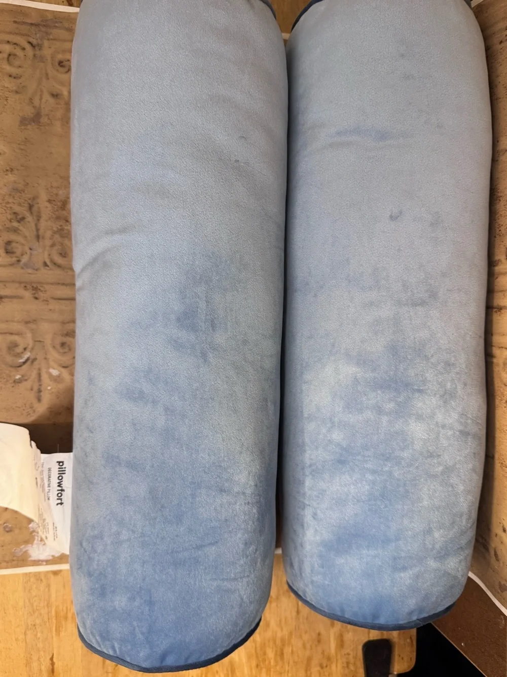 Set of 2 Pillowfort Light Blue Velvet Bolsters with Dark Blue Piping